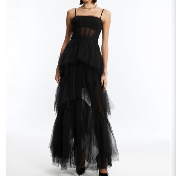 BCBG Oly Tiered Ruffle Tulle Evening Gown